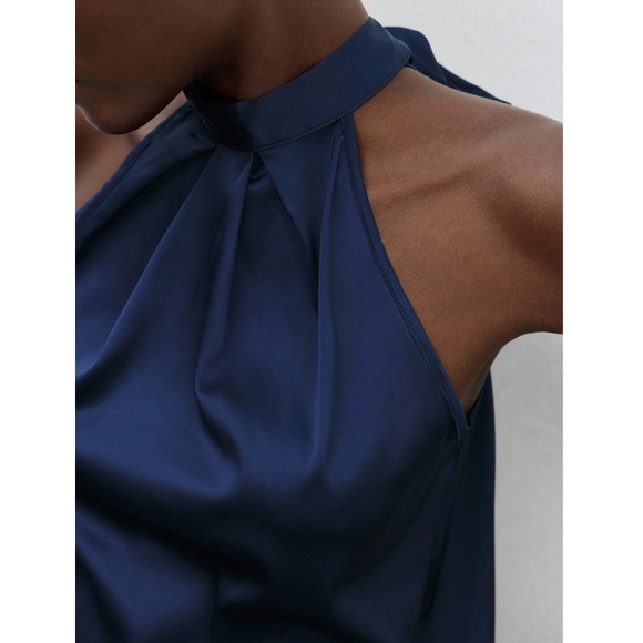 Navy Blue Satin Halter Blouse Top - Picture 11 of 14